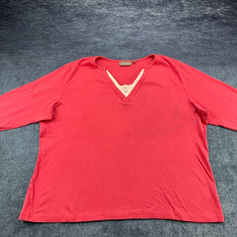 Croft & Barrow Womens 2X Coral Pink Faux‎ Layered Lace V-Neck Long Sleeve Top